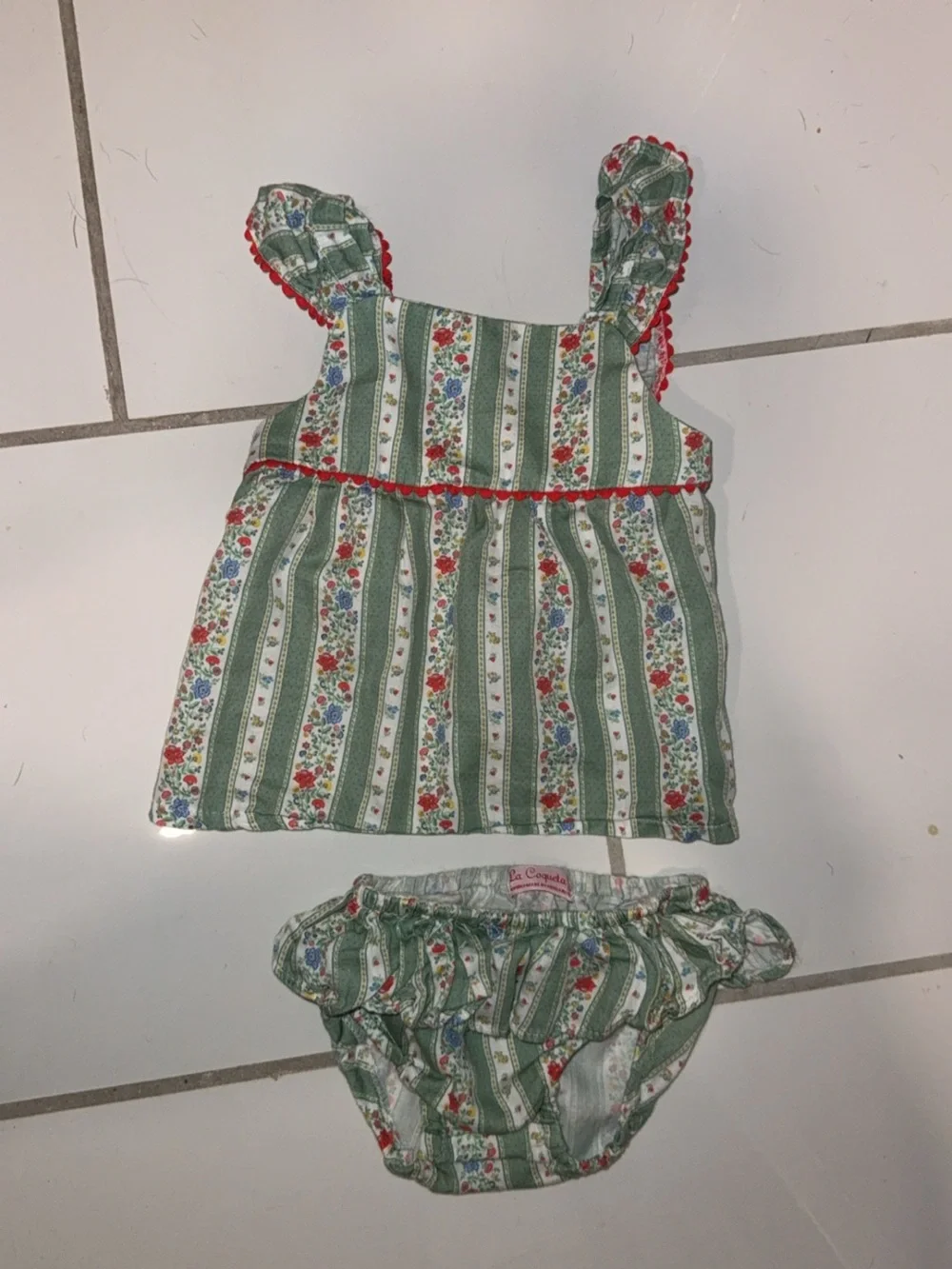 La Coqueta Sage Floral Stripe Elicia Baby Girl Summer Set 18M Green Red White